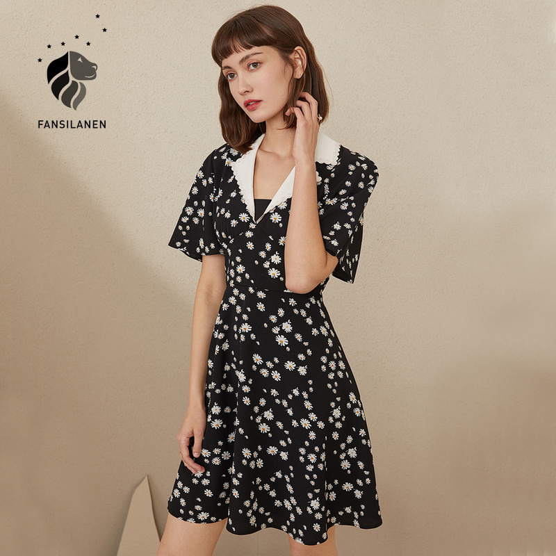 

fansilanen vintage floral print balck dress women batwing sleeve slim boho dress summer elegant party mini shirt dress, Black;gray