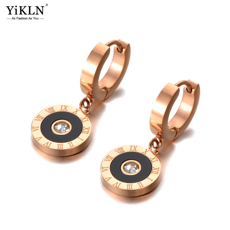 

Hoop & Huggie YiKLN Vintage Stainless Steel Black Acrylic Circle Roman Numeral Wedding Earrings For Women CZ Crystl YE20092, Golden;silver