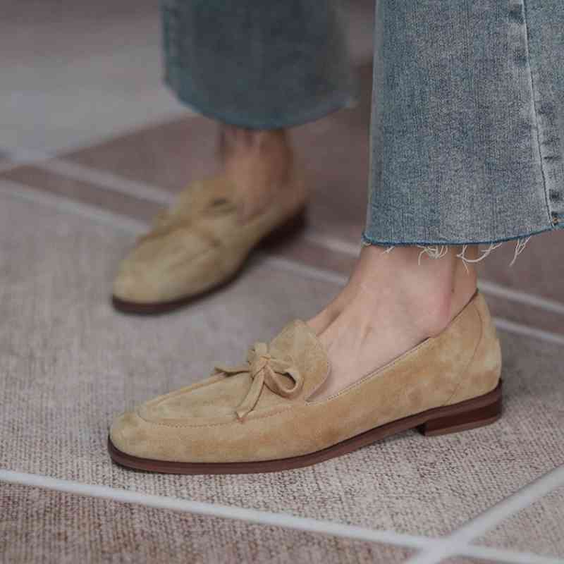 

dress shoes fashion spring/autumn women loafers kid suede round toe chunky heel casual bow-knot low pumps for ogka, Black