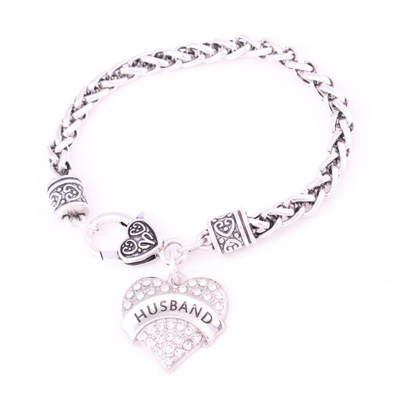 

Charm Bracelets Women Heart Bracelet Sell Gift For Wife Jewelry HUSBAND Written With White Crystals Trinket Zinc Alloy Provide Drop