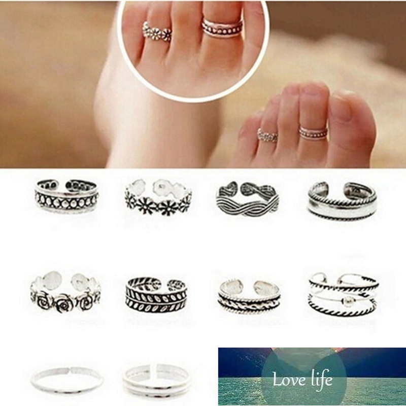 

12pcs Rings Lady Unique Adjustable Opening Finger Ring Retro Carved Toe Ring Foot Beach Foot Jewelry