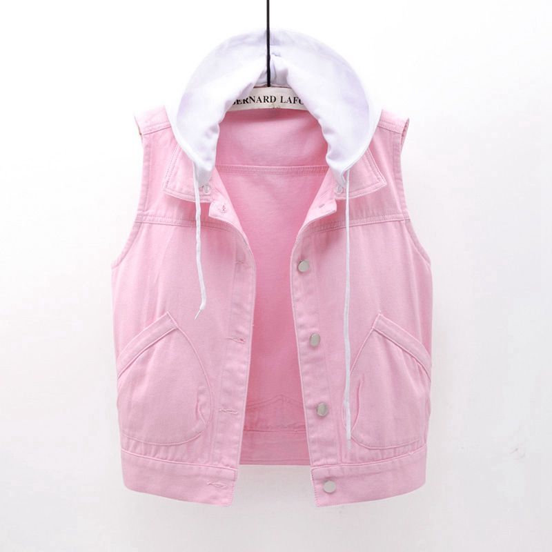 

Women' Pink Denim Hoodies & Sweatshirts Slim Sleeveless Jeans Coat Character Embroidery Waistcoat with Hats Daily Short Jean Jacket