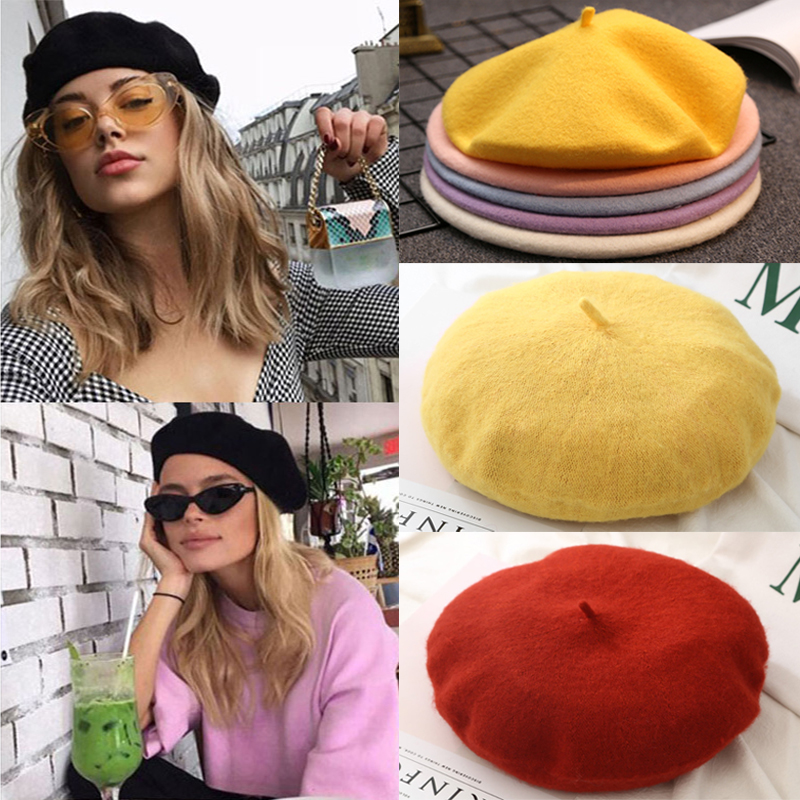 

Women Girls French Artist Warm Wool Winter Beanie Hat Retro Vintage Plain Beret Solid Color Elegant Ladies Flat Top Caps, Blue;gray