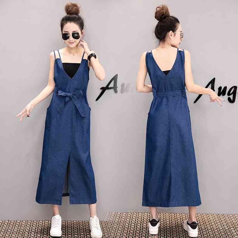 

Summer Autumn Long Dress Bow Sashes Denim es Women Sundress Casual Jeans with Pockets Overalls Cotton 210603, Light blue