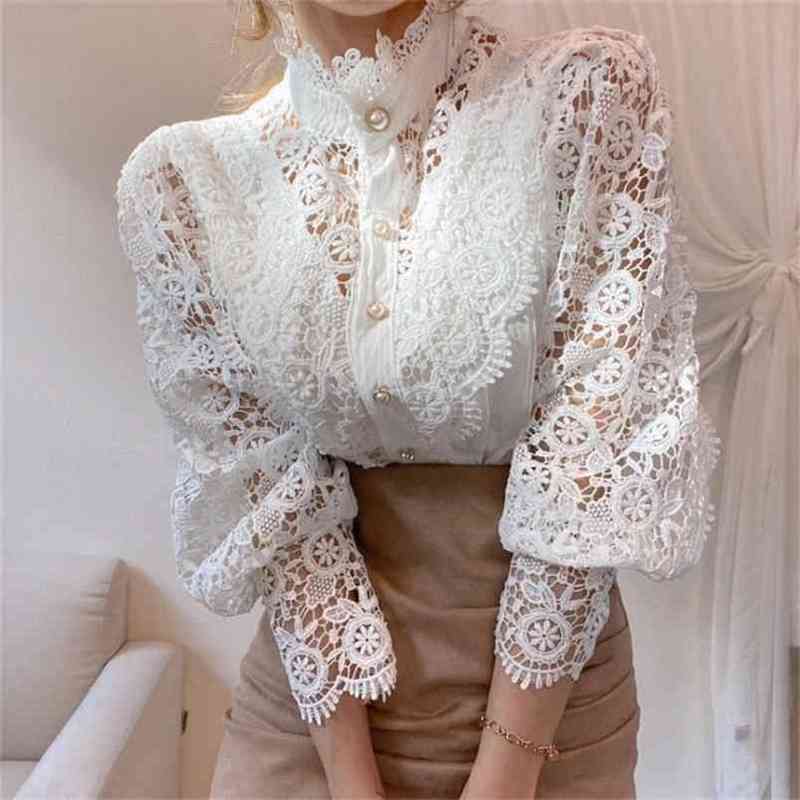 

Chic Button Hollow Out Flower Lace Patchwork Shirt Stand Collar Femme Blusas Petal Sleeve Women Blouses 210603, Black