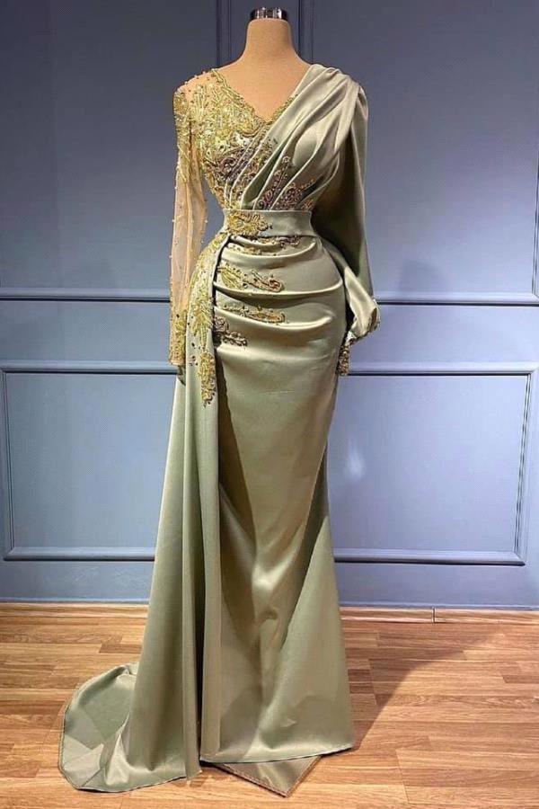 Arabic Dubai V Neck Satin Mermaid Evening Dress Sheer Long Sleeves Beaded Ruched Floor Length Formal Party Gowns Special Occasion Dresses BC10149