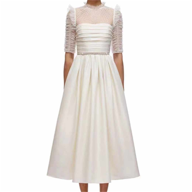 

Runway Summer Sexy See Through Dot Print Mesh Patchwork Dress Women's Short Sleeve Pleated Party Dresses 210525, Picture color