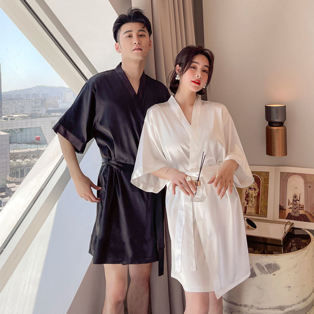 

Spring and summer couple's Nightgown women's solid color ice silk thin sexy medium length pajamas large men's bathrobe home wear