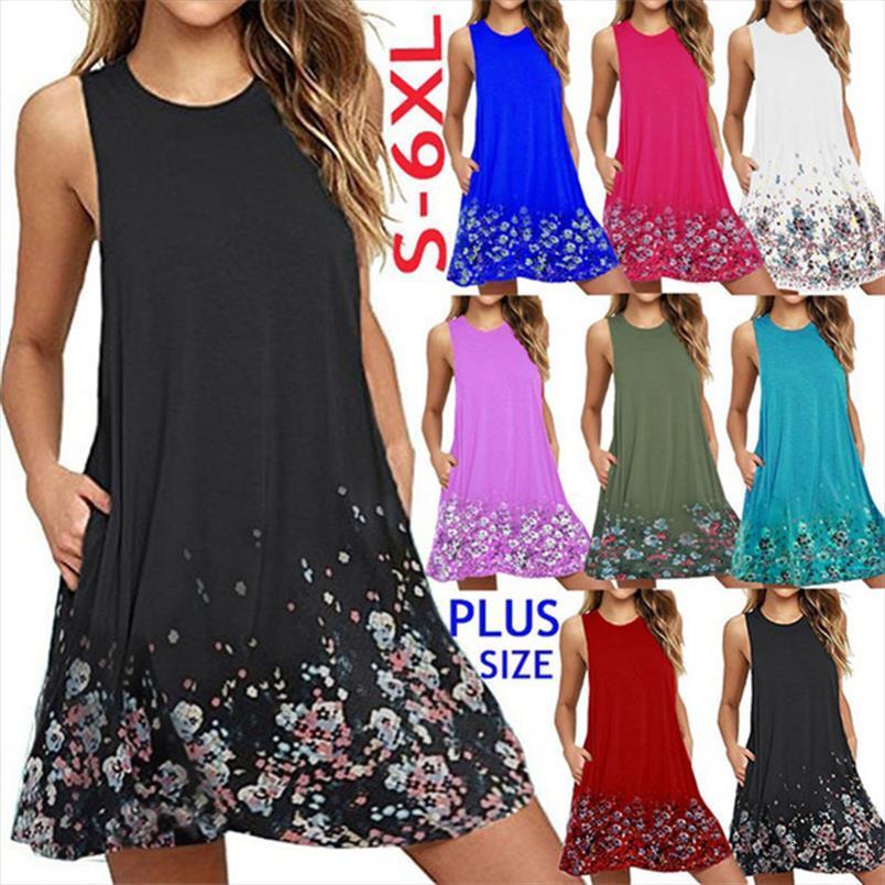 

plus size summer casual womens dress o neck sleeveless print beach tank vestido female loose 4xl 5xl 6xl, Black;gray
