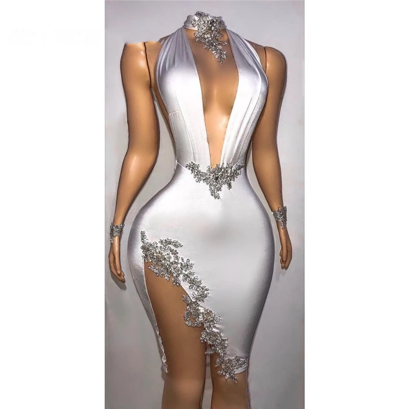 

Little White Dress Sexy Short Prom Dresses Beaded Appliques Party Evening Dress Mermaid Mini Cocktail Gown High Slit Homecoming Gowns, Nude