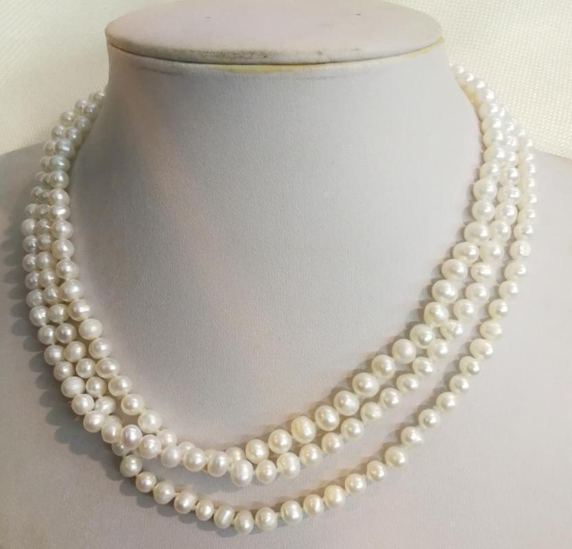 

Chains 3 Rows 5x6mm White Pearl Necklace Real Natural Freshwater Women Jewelry 14'' 17'' 35cm 43cm1