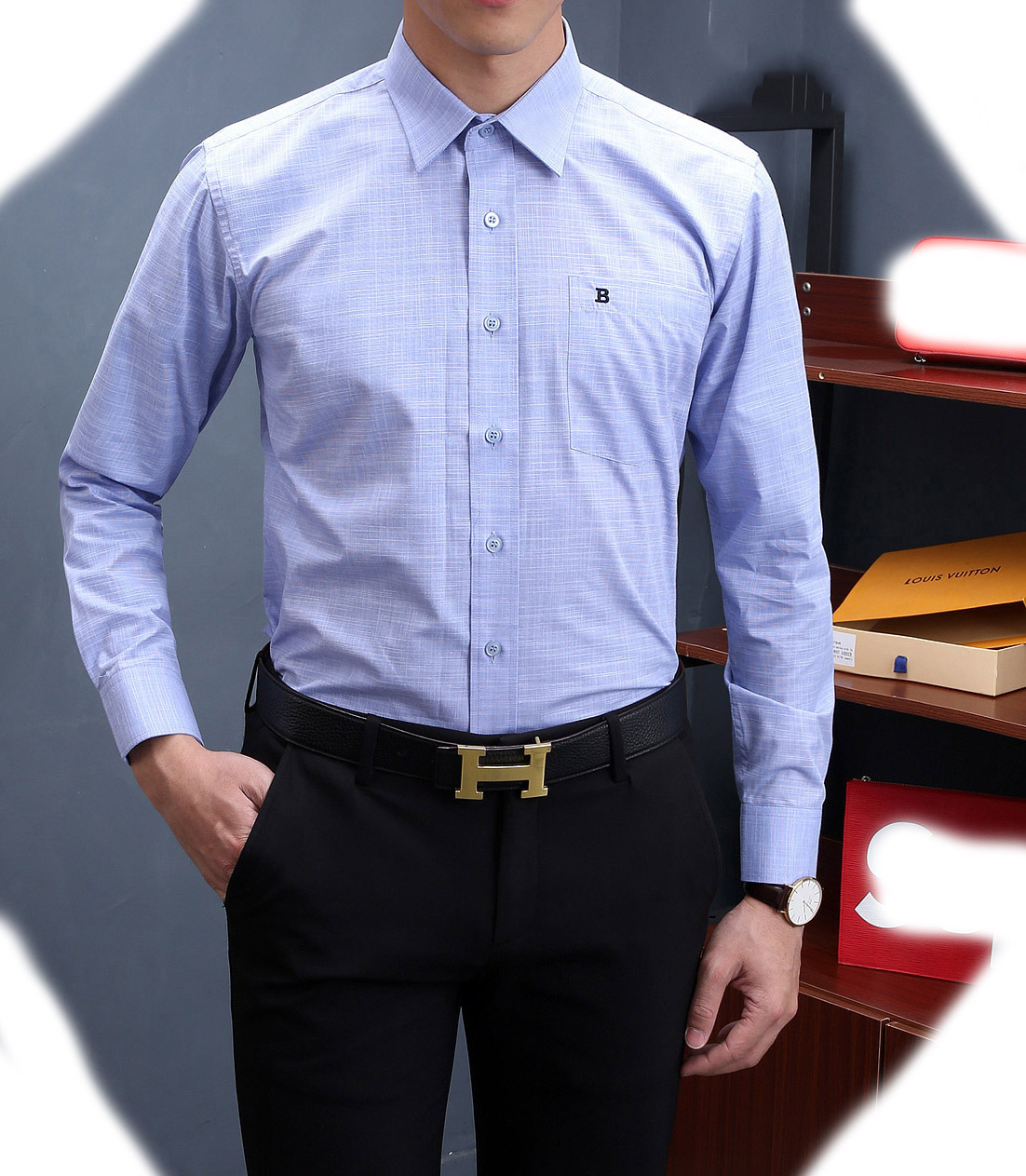 

Luxurys Desingers Men's Dress fashion usiness Casual Shirt Sleeve Stripe slim masculine social fashions plaid M- #04