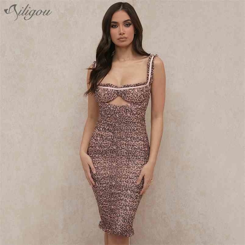 

Summer Ladies Bandage Dress Leopard Print Italian Spaghetti Strap Printed Midi Draped Hollow Sexy Party 210525, Brown