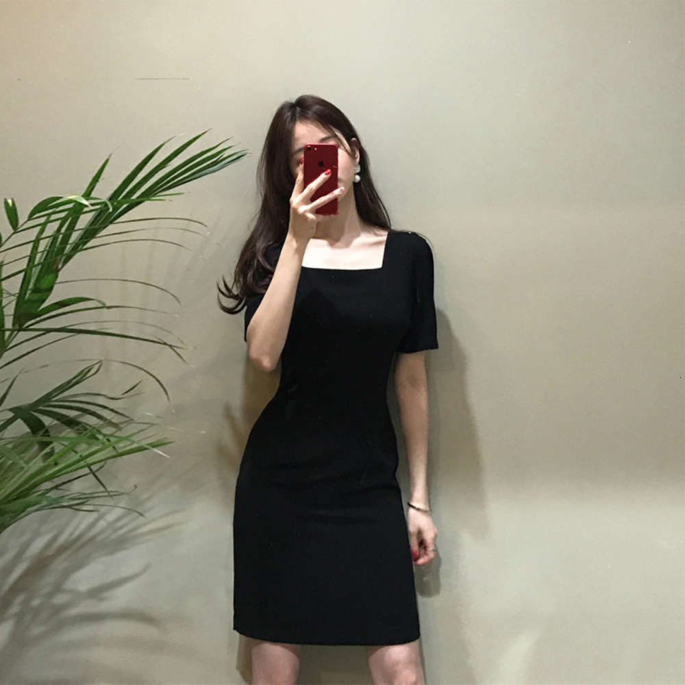 

21 spring and summer Korea Xinji mini skirt waist basic black dress op174, White;black