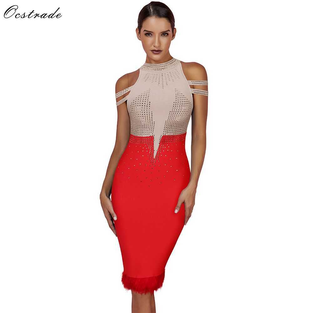 

Ocstrade Elegant Vestido Bandagem Rayon Feather Beaded Black White Off Shoulder Bandage Dress Bodycon Evening Party 210527, Red