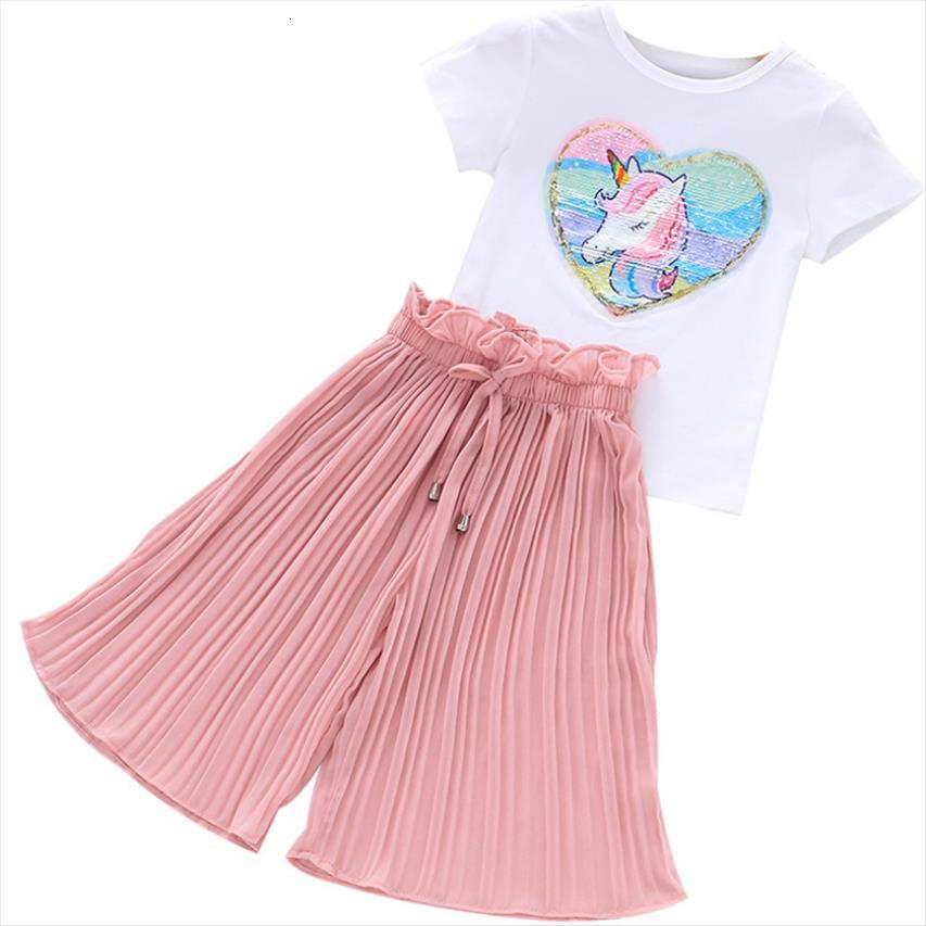 

kids tracksuit suit children clothing toddler girls sets summer clothes unicorn sequins chiffon pants outfit, White