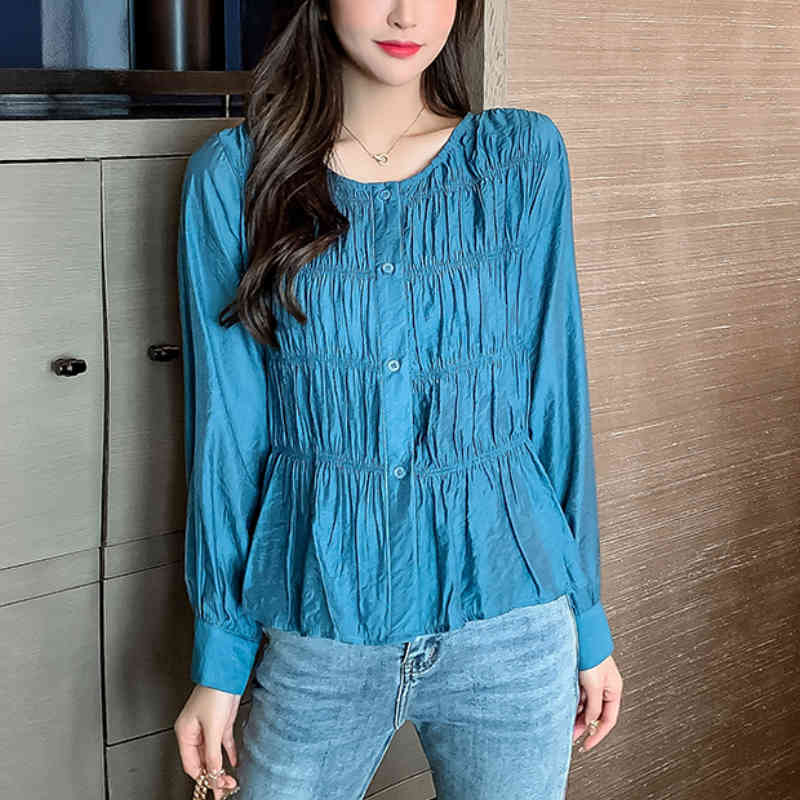 

Women's Blouses & Shirts Spring O-Neck Long Sleeved Single-breasted Loose Solid Blue White Satin Casual 3C1E