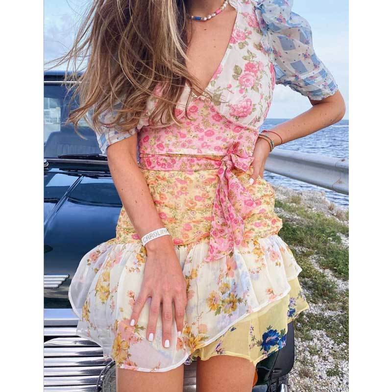 

Inspired belted patchwork floral print mini dress for women asymmetric ruffled sexy party dress puff sleeve summer dress 210412, Yellow