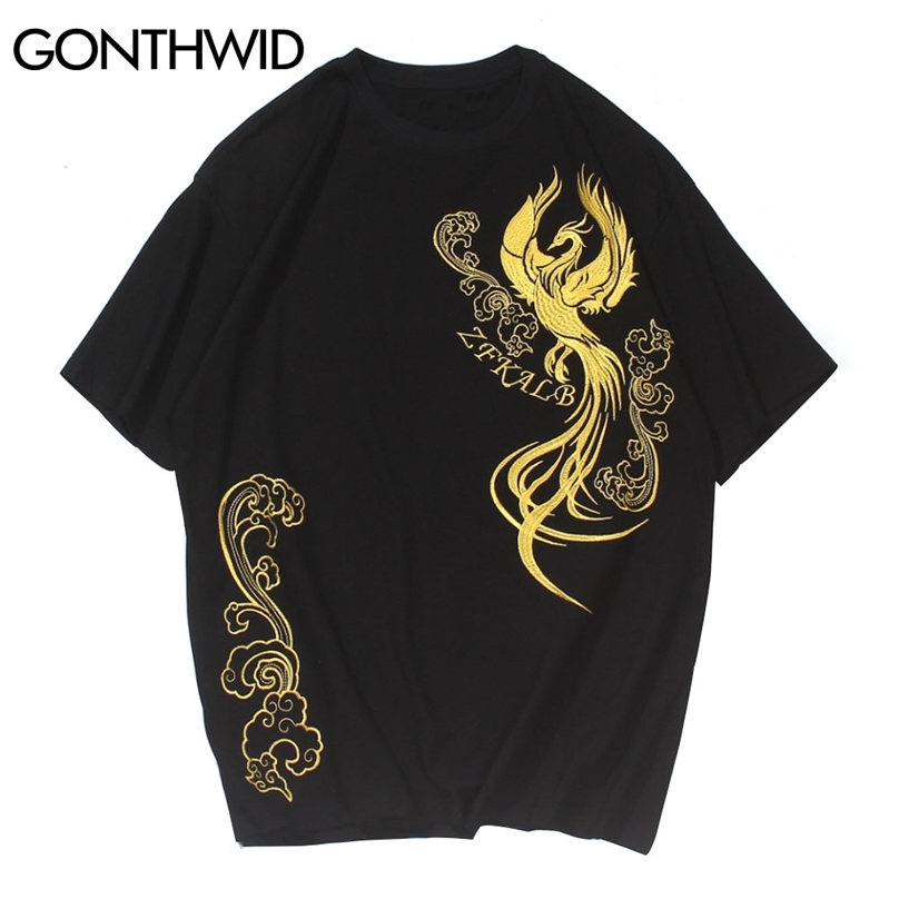 

Tshirts Men Hip Hop Casual Harajuku Embroidery Cloud Phoenix Short Sleeve Cotton T-Shirts Streetwear Loose Tees Tops 210602, White