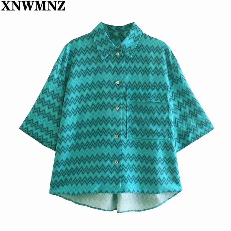 

blouses women Blue printed halter neck shirt women' collared with short sleeve pocket button-up asymmetric hem top 210520, Picture color