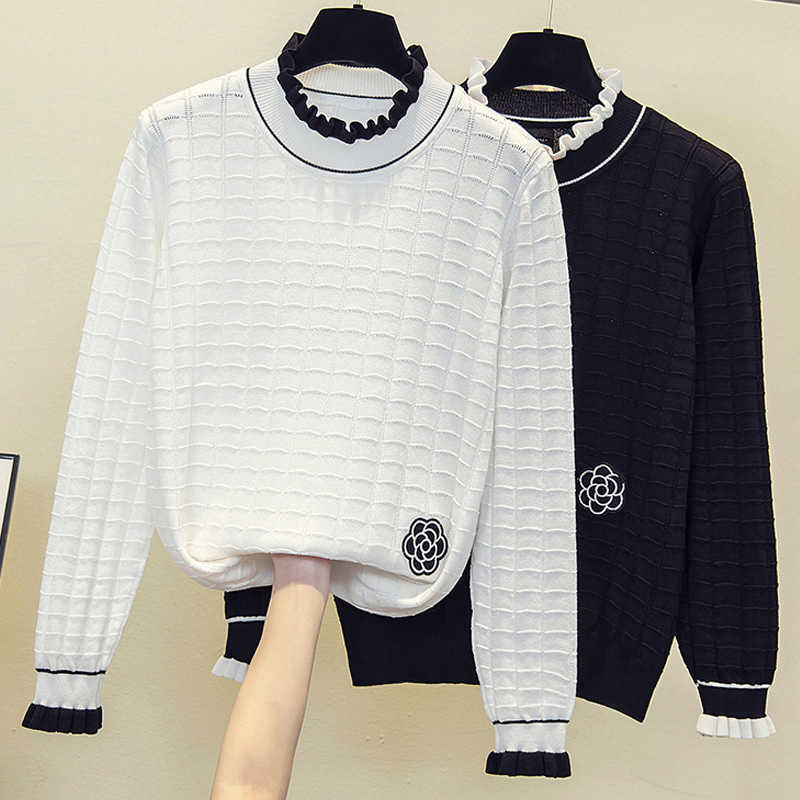 

L-4XL plus size women Floral embroidery kint sweater loose casual long Sleeve ruffle collar Patchwork Spring Oversized pullover 210604, Black