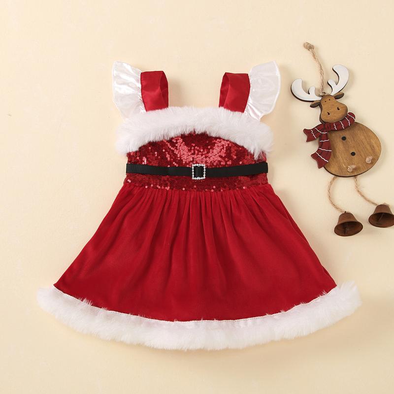 

Girl's Dresses 2021 Fashion Baby Girls Romper Dress Fur Bow Patchwork Ruffles Sleeve A-Line Party Christmas Ropa De Niña, As pic