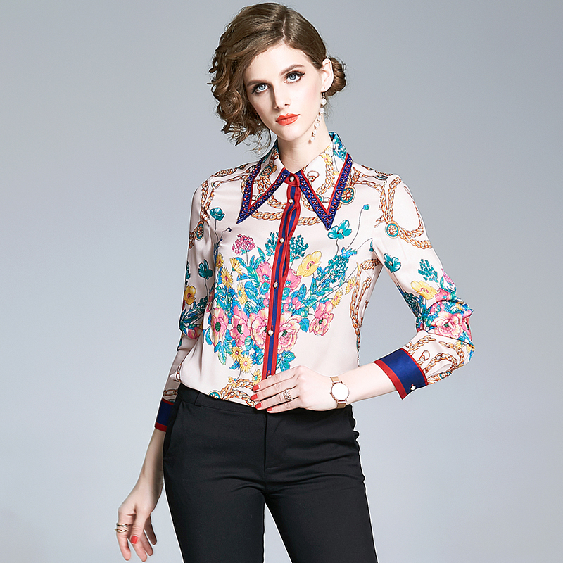 

Long Sleeve Printed Runway Button Up Shirt 2021 Vintage Turn-Down Collar Office Ladies Designer Blouse Fashion Spring Autumn Winter Slim Chi, White