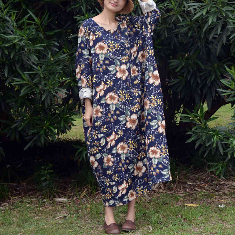 

Johnature Women Cotton Linen Dresses Vintage Print Floral Robes Spring O-Neck Long Sleeve Loose Original Women Cloths 210521, Blue
