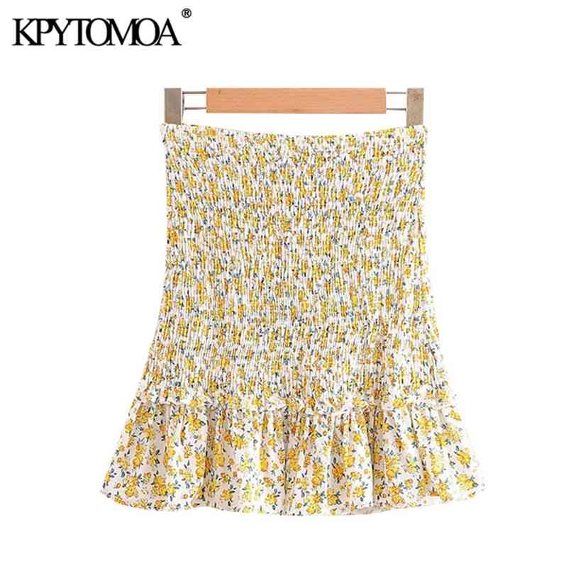 

KPYTOMOA Women Sweet Fashion Floral Print Ruffled Mini Skirt Vintage High Elastic Waist Smocked Female Skirts Mujer 210708, As picture