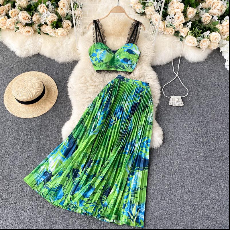 

vacation beach skirt 2 womens pants piece set summer short lace suspender vest high waist pleated suit female, White