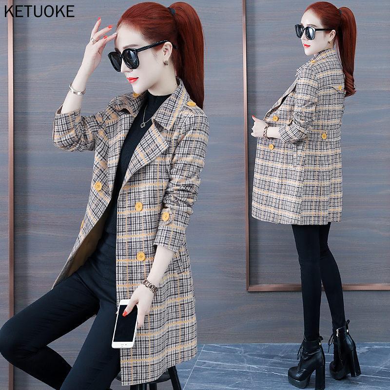 

Women's Trench Coats Plaid Blazer Women Long Sleeve Casual Female Spring Autumn Plus Size Ladies Suit Double Breasted Coat Fashion Jacket Lo, Tan;black