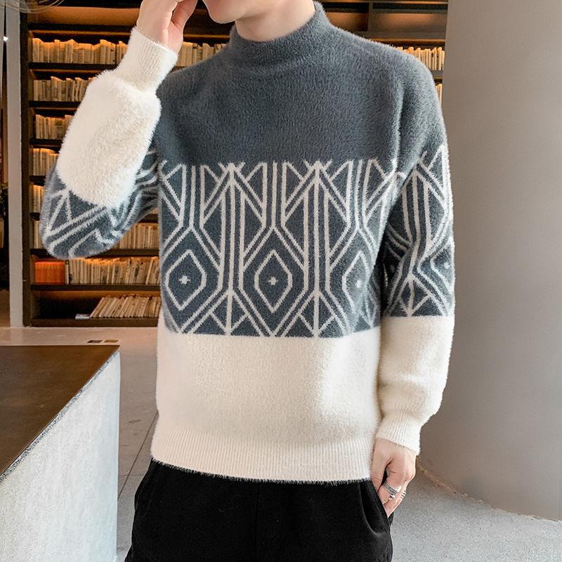 

Men's Sweaters Youth Mink Sweater Student Half High Collar Warm Long Sleeve, White;black