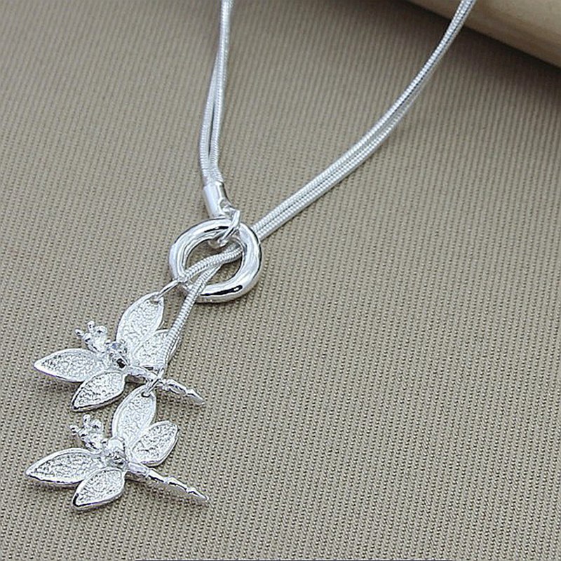 

925 Sterling Silver Two Dragonfly Pendant Necklace For Women Snake Chain Necklace Wedding Engagement Jewelry 1214 T2