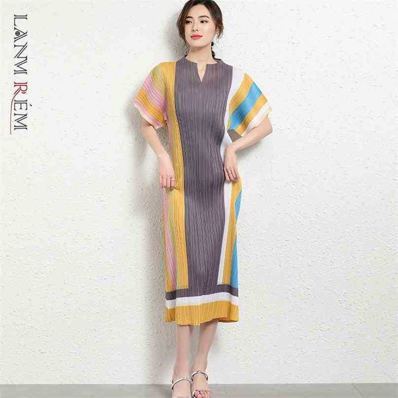 

LAEMREM Striped Hit Color Summer Dress For Women Short-sleeved Loose Casual Female V-neck Arrivals YK170 210526, Black