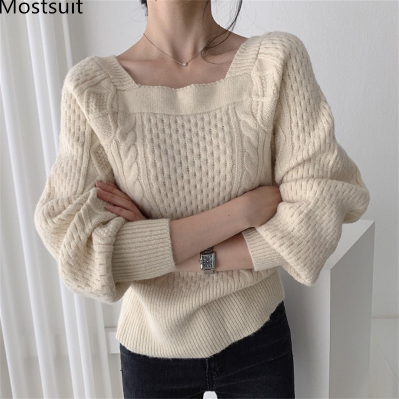 

Autumn Korean Twisted Knitted Sweaters Tops Women Long Sleeve Square Collar Sweet Pullovers Fashion Ladies Mujer 210518, Beige