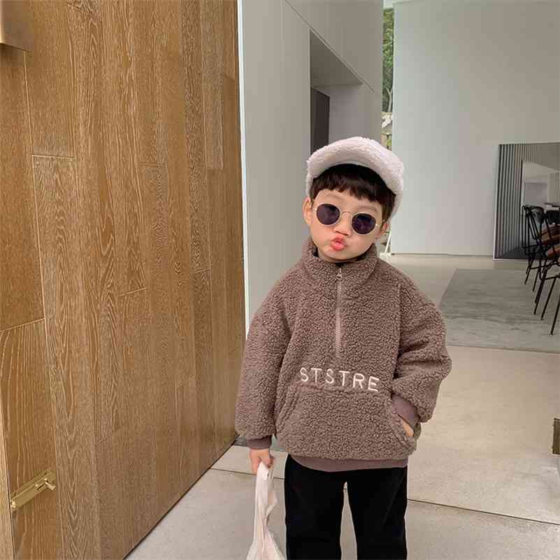 

Winter fashion boys letters embroidery stand collar fleece sweatshirts children warm lining casual hoodies 210708, Creamy-white