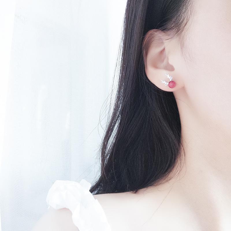

Stud S925 Pure Silver Earrings Lovely Elk The Christmas Present For Women Or Girls Pink Strawberry Crystal Jewelry Accessory, Golden;silver