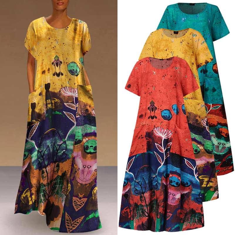 

Maxi Dress Women Patchwork Floral Printed Sundress VONDA 2021 Womens Autumn Stylish Robe Female Cotton Linen Dress -5XL, Green