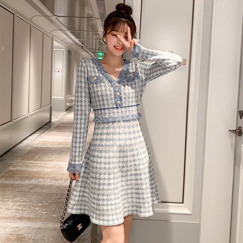 

fashion autumn elegant vintage women dress houndstooth runway jacquard knitting, Black;gray
