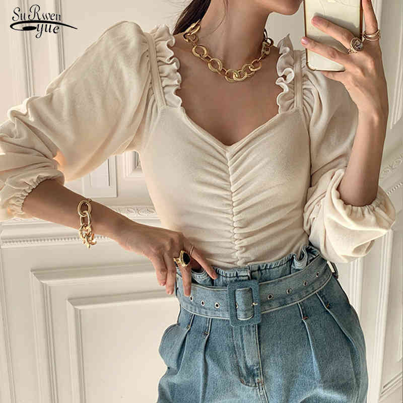 

Spring Elegant Splicing Pleated Puff Sleeve Shirt Sexy Square Collar Blouse Women Lady Chic Curled Slim Solid Shirts 12904 210521, Picture