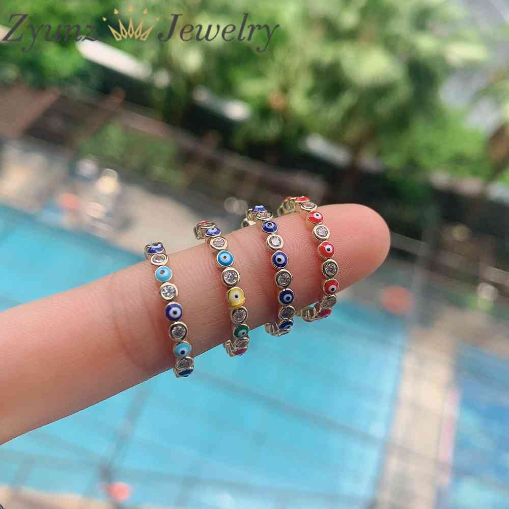 

10PCS Colorful Enamel Shape Adjustable Gold Color Zircon Turkish Eye Open Ring Statement Jewelry, Golden;silver