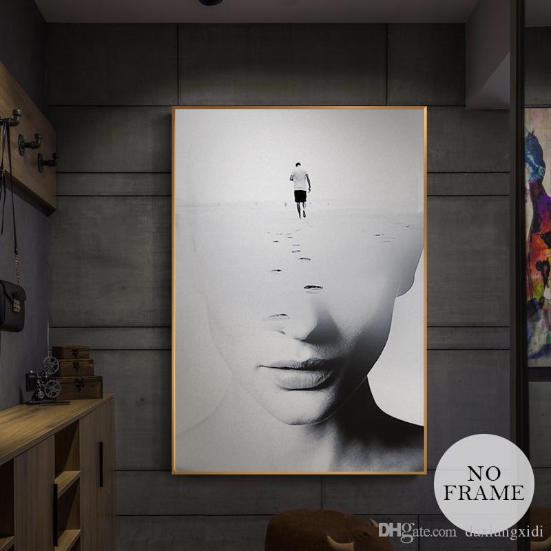 

Abstract Missing Beauty Face Brain Storming Canvas Painting Footprint Posters Wall Art for Living Room Home Decor (With Frame)