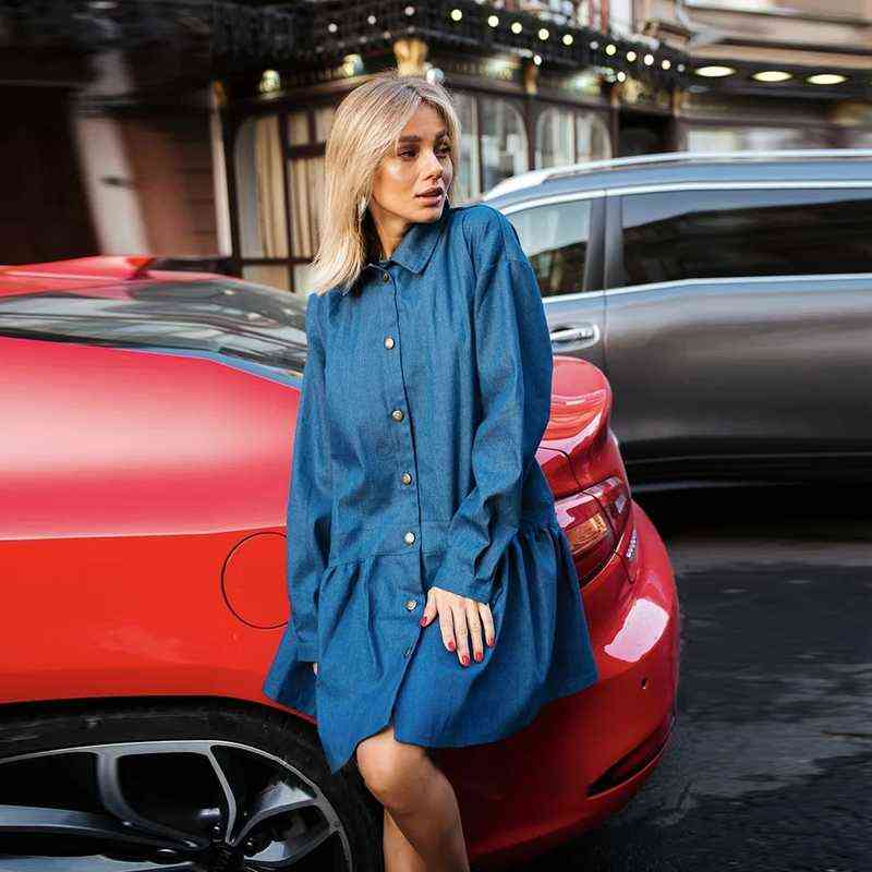 

Women Vintge Solid Oversize Turn Down Collar Single Breasted Lantern Sleeve Ruffles Mini Denim Dress 2021 New Autumn Party Dress G1223, As picture