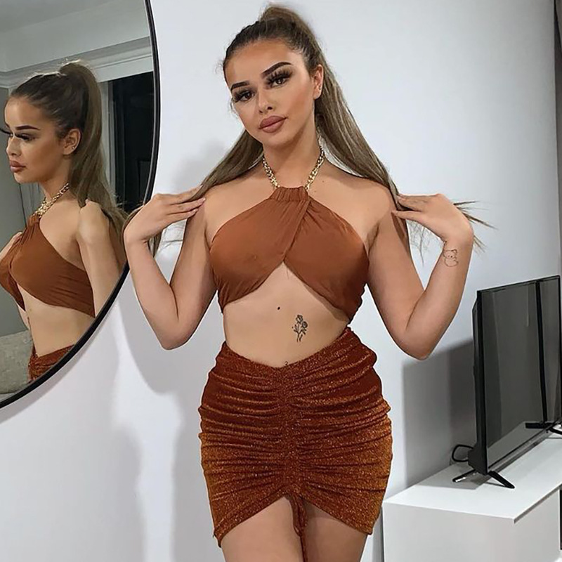 

Fashion Chain Sexy Halter Plaid Crop Tops Women Sleeveless Summer Wrap Top Cropped Club Party Streetwearhigh quality, Black