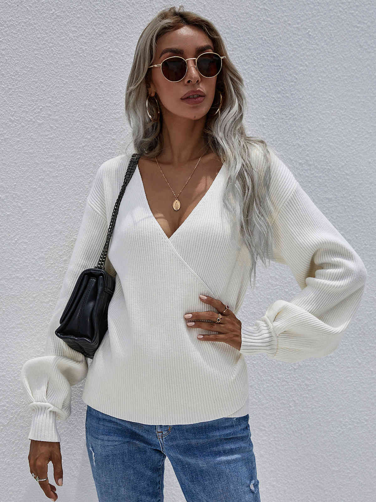 

women's sweaters novo outono e inverno cruz com decote em v cor sÃ³lida camisola malha temperamento pulÃ´ver solto feminina manga comprid, White;black