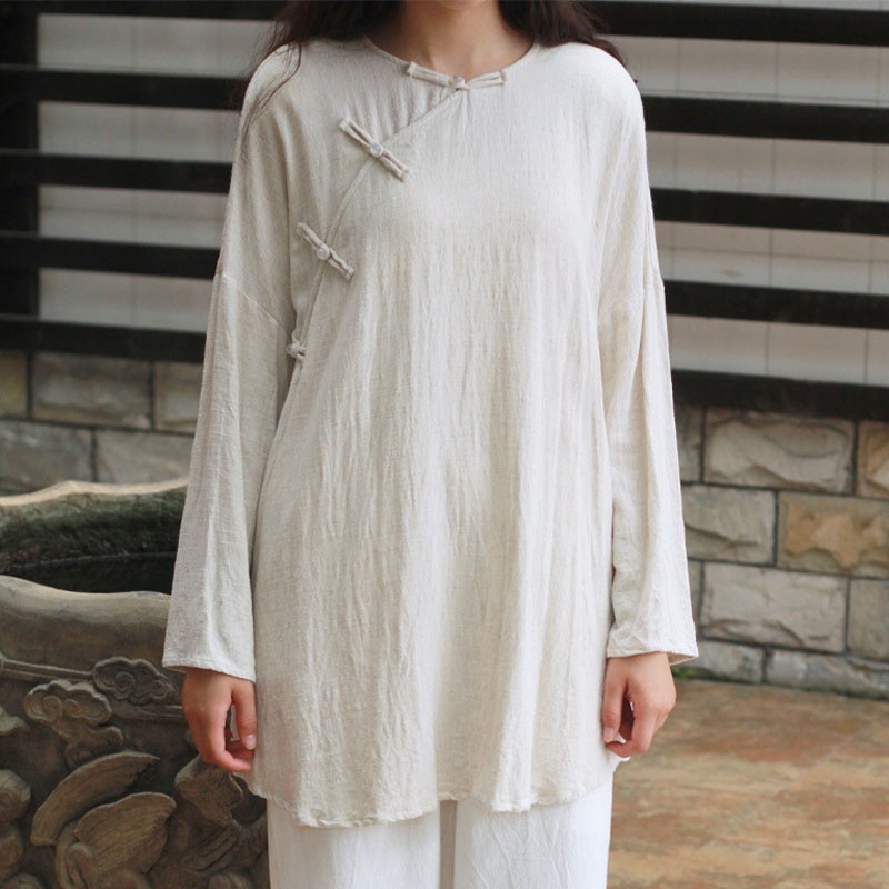 

Johnature Autumn Solid Color Retro Plate Buckle O-neck Long Sleeve T-shirts Loose Comfortable All-match Women Tops 210521, Beige