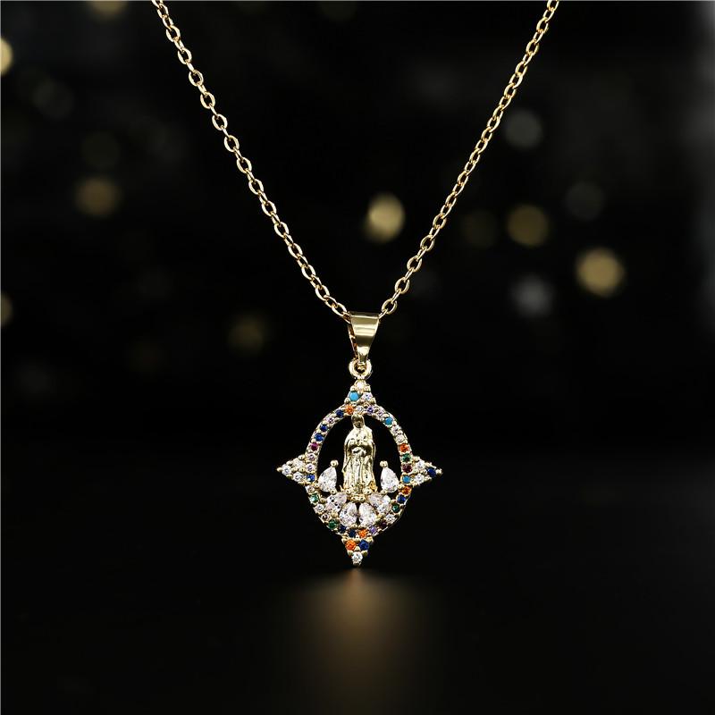 

Classic Design Gold Color Christian Jewelry Fashion Colourful CZ Virgin Mary Pendant Necklace For Women Girl Party Accessories Necklaces