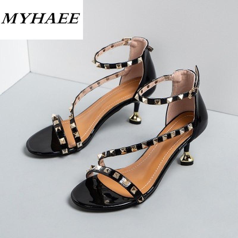 

Summer Fashion Comfortable Open Toe Women's Sandals Rivet One Word Buckle Casual Sexy Stiletto Heels, Black
