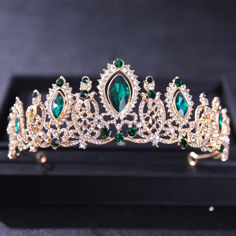 

Hair Clips & Barrettes Luxury Baroque Vintage Green Crystal Tiaras And Crowns Queen Diadem Pageant Party Crown Bridal Wedding Jewelry Access, Golden;silver