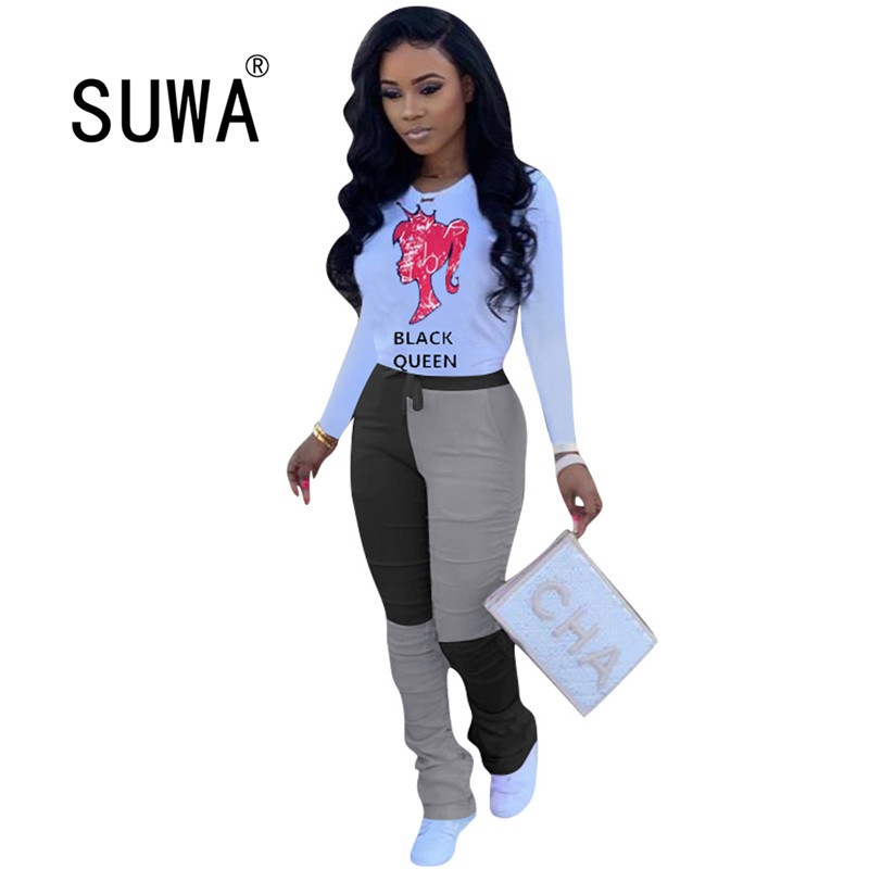 

Active Wear Women's Set Long Sleeve Poker Card Tops Patchwork Stacked Jogger Pants Suit Tracksuit Two Piece Fashion Outfit 210525, Fuchsia